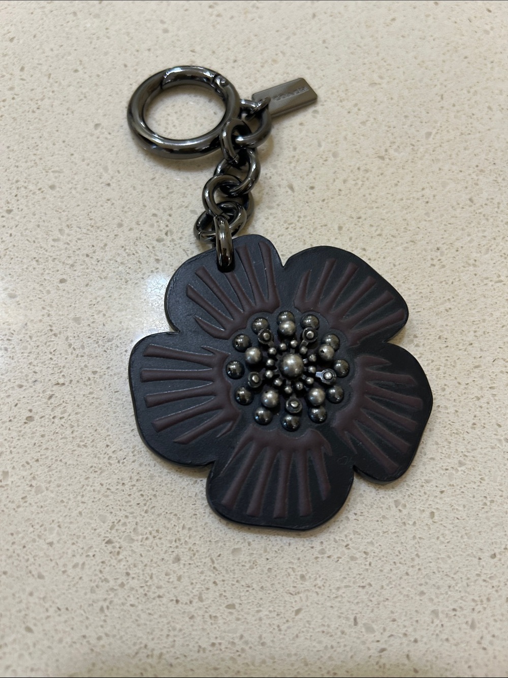 Coach Flower Keychain Charm in Dark Brown with Gunmetal Hardware